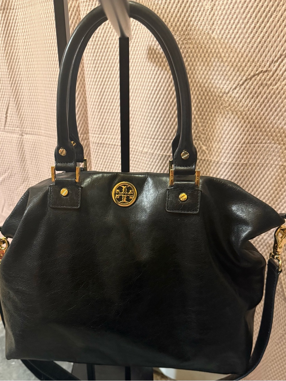 Tory Burch Black Leather Double-Handle Shoulder Bag with Gold Hardware